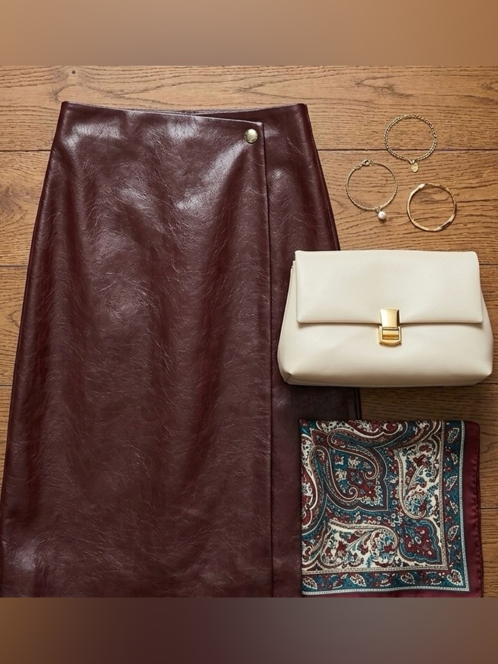 H&M burgundy faux leather wrap skirt